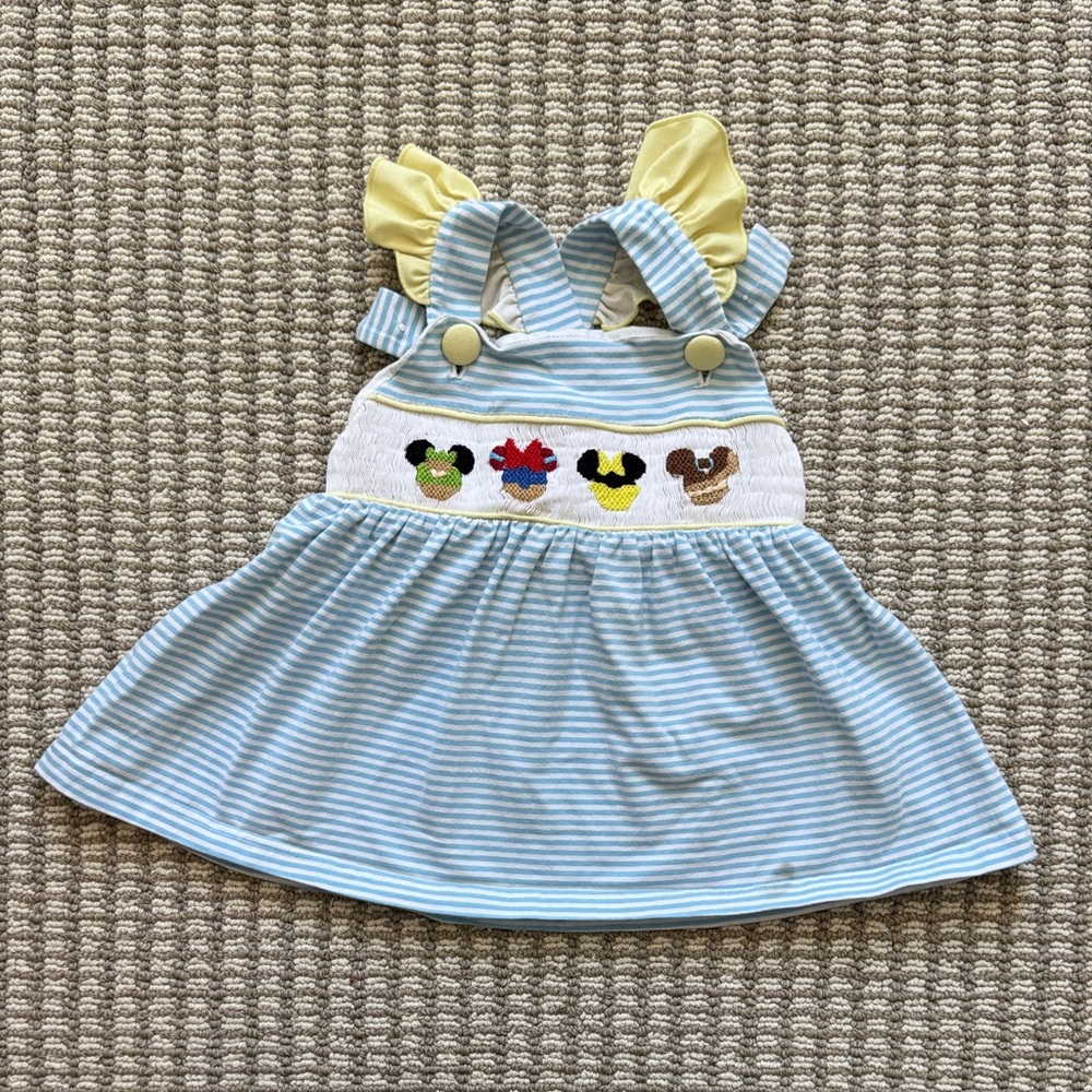 Blue and Yellow Striped Dress with Disney Embroidery